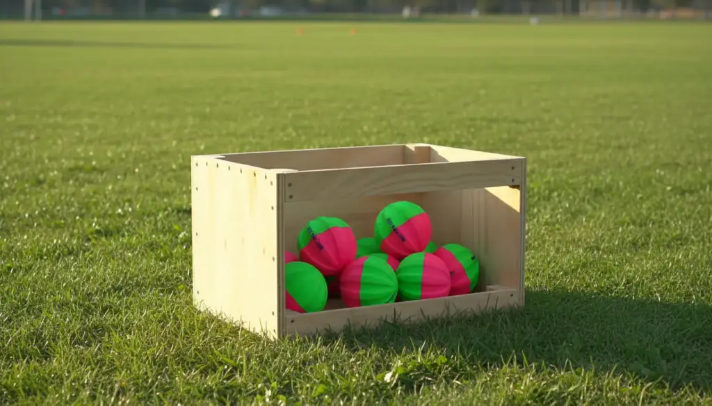 A plywood crate of EZ-Riseballs standing at the edge of a practice field