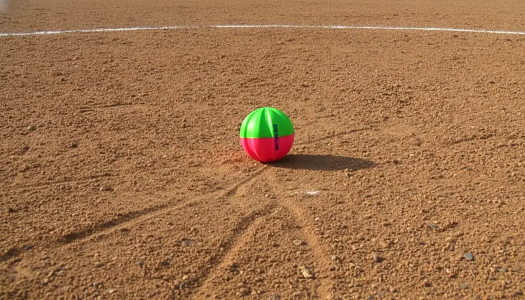 An EZ-Riseball sitting on the packed dirt of a pitching circle with the chalk arc behind it
