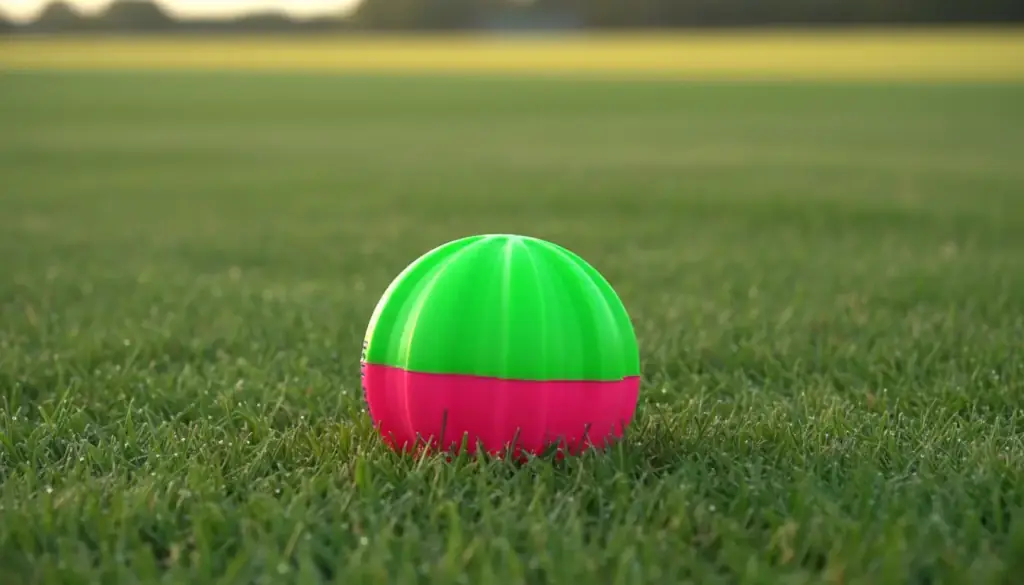 An EZ-Riseball resting in cut outfield grass, the moulded ribs and the seam between its green and magenta halves in full sun